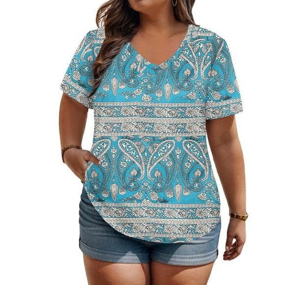 ROSRISS Tops - NWT ROSRISS Tunic Casual Summer V Neck Short Sleeve Tunics Blouse - Size 14W
